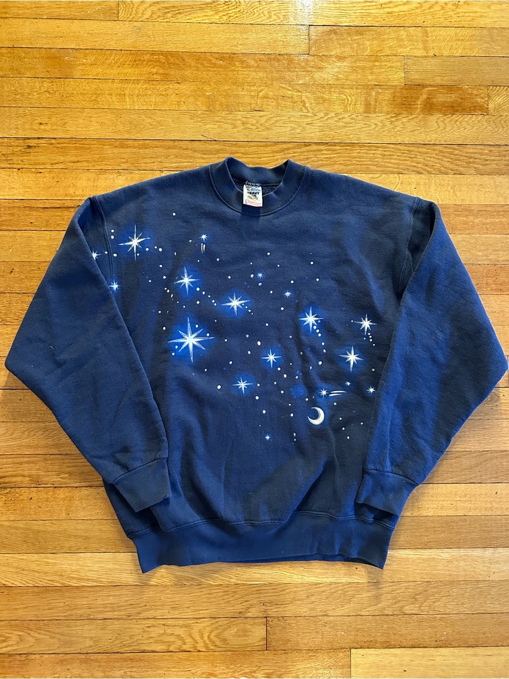 VINTAGE 90s Fruit of the Loom Heavy Blue Star Moon Crewneck Sweatshirt XL Navy